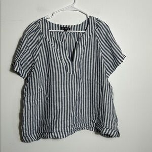 J. Crew Linen Navy and White Striped Blouse